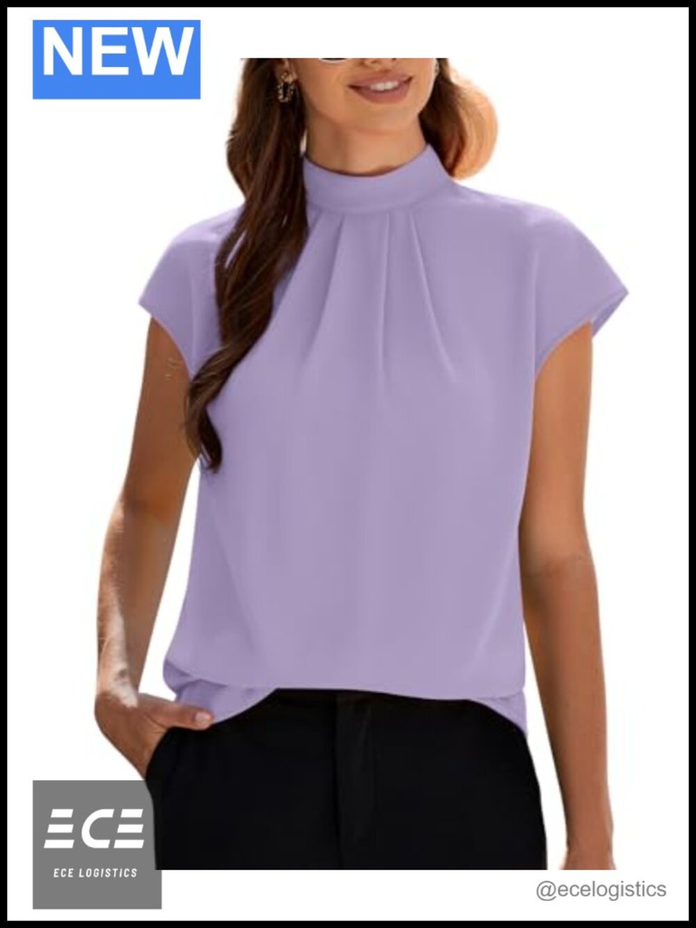 Womens Chiffon Blouse Mock Neck Cap Sleeve Pleated Tunic Top Business Casual